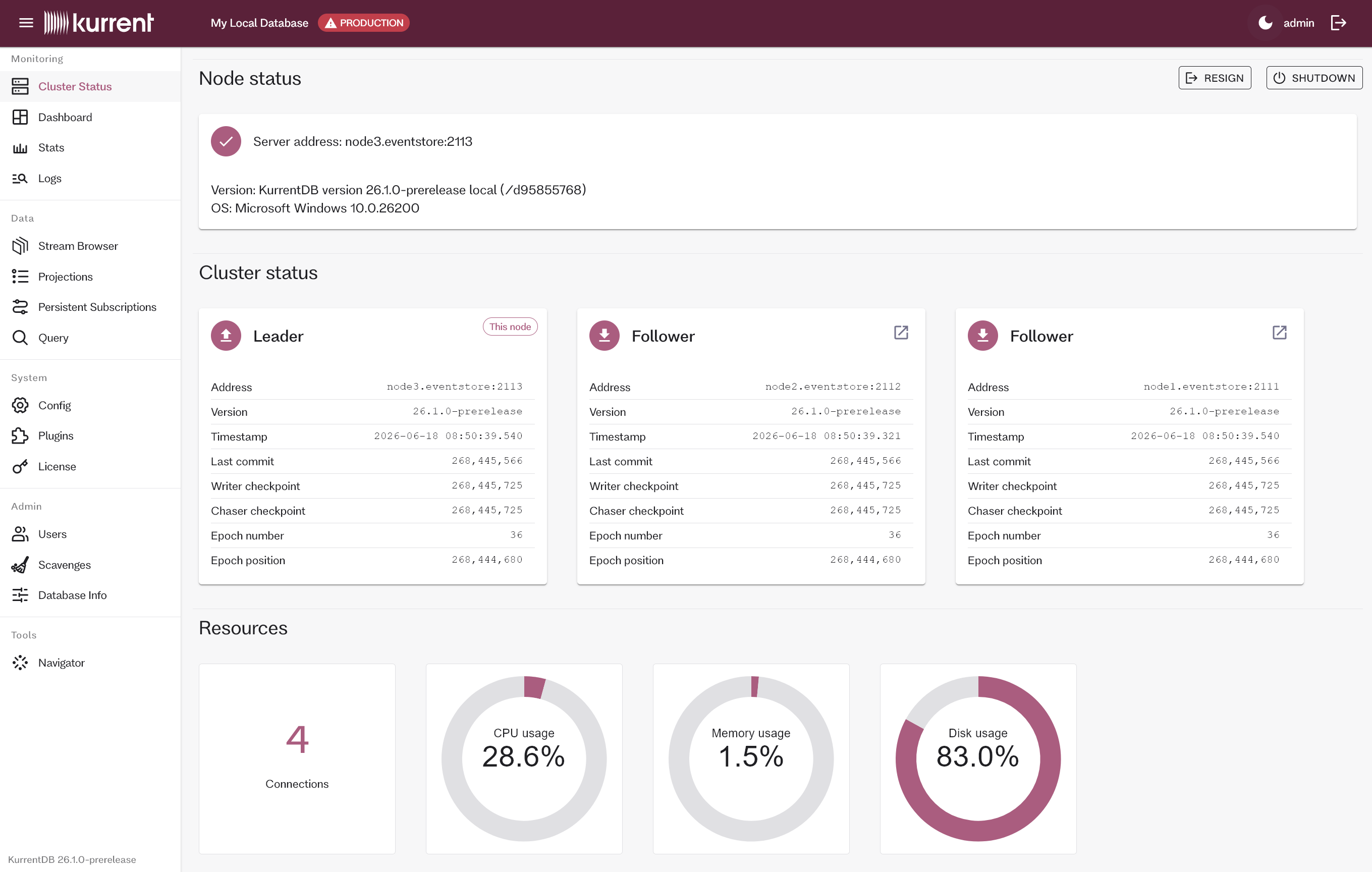 Embedded UI Cluster Status page