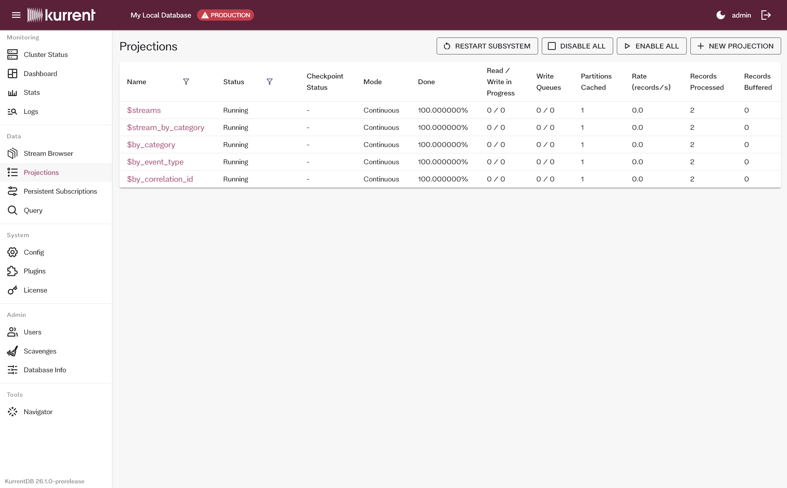 Embedded UI Projections page